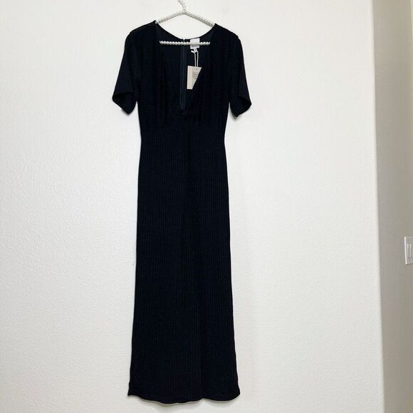 Minkpink Jumpsuit Small Black Shimmer Short Sleeve Ribbed Twist Front Lined Zip - Picture 2 of 16